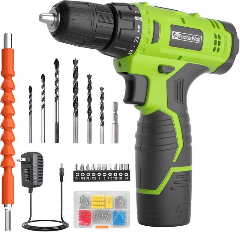 FADAKWALT Cordless Drill Set,12V Power Drill Set with Battery and Charger, Electric Driver/Drill Bits, 3/8'' Keyless Chuck,21+1 Torque Setting, 180 inch-lbs, with LED Electric Drill Set (Green) - Image 1